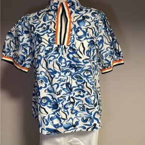 Blue and White Casual Popover Shirt with Floral Pattern